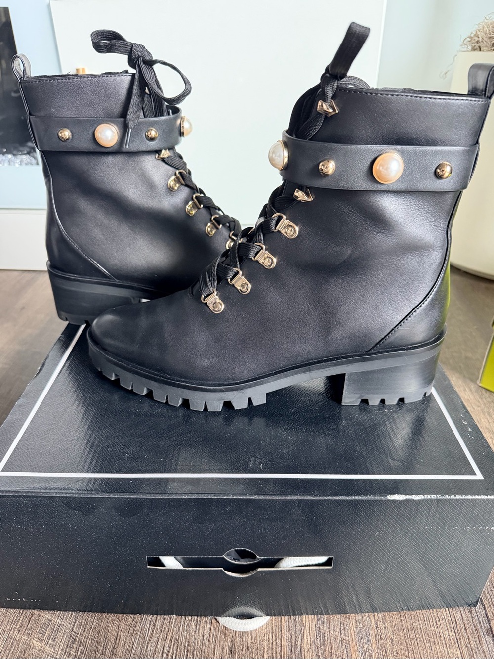 Women's Karl lagerfeld Black Lace-Up Ankle Boots with Gold Accent